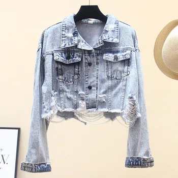 

Women Streetwear Jackets Spring Snow Blue Ripped Denim Jacket Vintage Hole Short Jeans Jacket Solid Harajuku Frayed Jackets