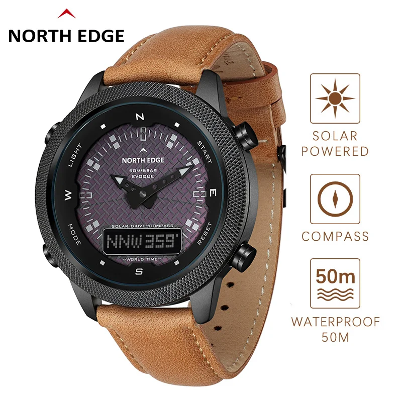 US $59.00 NORTH EDGE Solar Energy Men Digital Watch Mens Sports Watches Compass Cowhide Strap Alarm Clock Waterproof 15 Years Battery