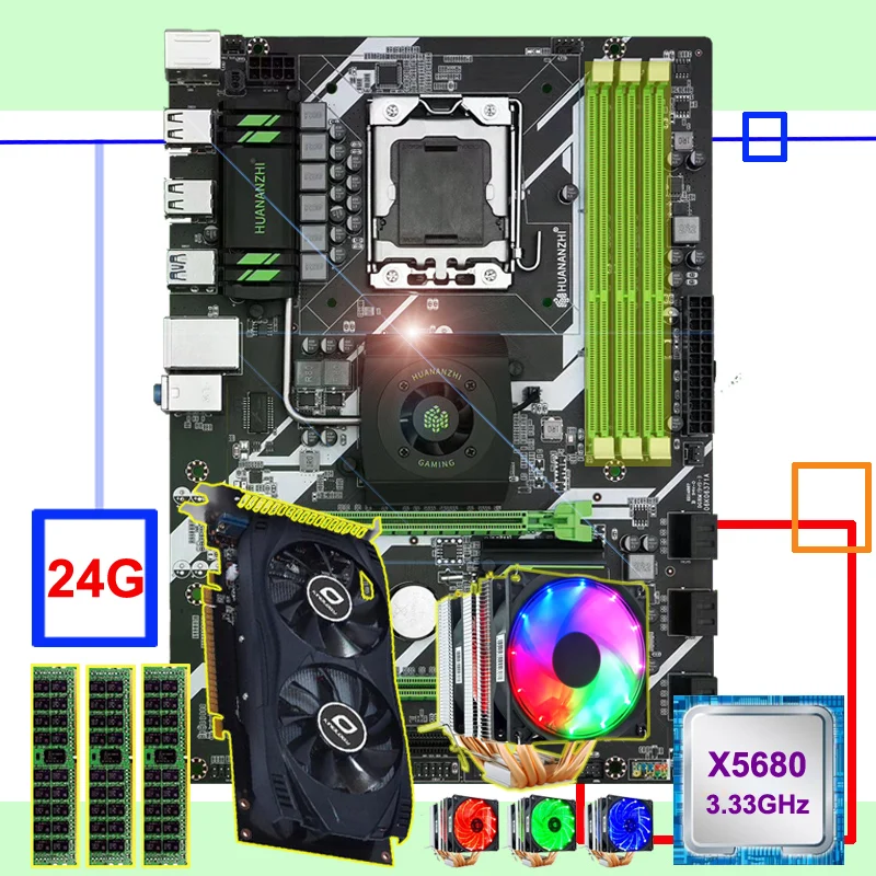 ^Cheap New arrival HUANANZHI X58 deluxe motherboard bundle CPU Xeon X5680 6 heatpipes cooler memory 24G(3*8G) RECC video card GTX750TI