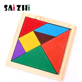 

Saizhi 1pcs Wooden Tangram 7 Piece Jigsaw Puzzle Colorful Square IQ Game Brain Teaser Intelligent Educational Toys for Kids