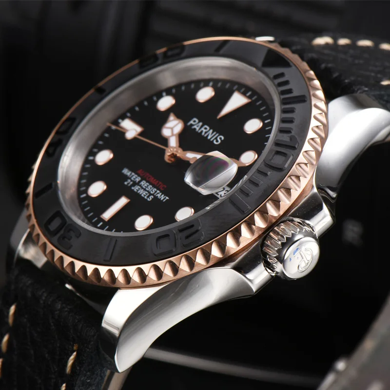 Новые Parnis 40 мм циферблат автоматические механические мужские часы Diver Miyota 8215 мужские часы сапфир черный кожаный ремешок мужские часы
