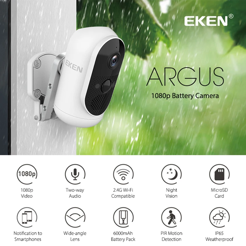 IP камера EKEN Argus WiFi с аккумулятором и углом обзора 140 ° 1080P|Видеокамеры 360 °| |