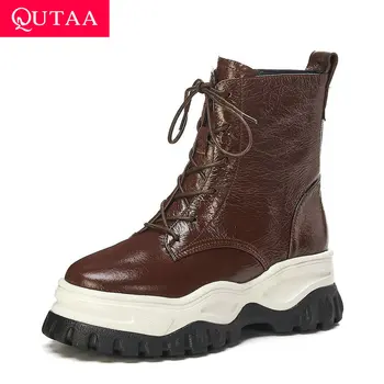 

QUTAA 2020 Round Toe Platform Leisure Short Boots Cow Leather Autumn Winter Fashion Women Shoes Lace Up Mid Calf Boots Size34-39