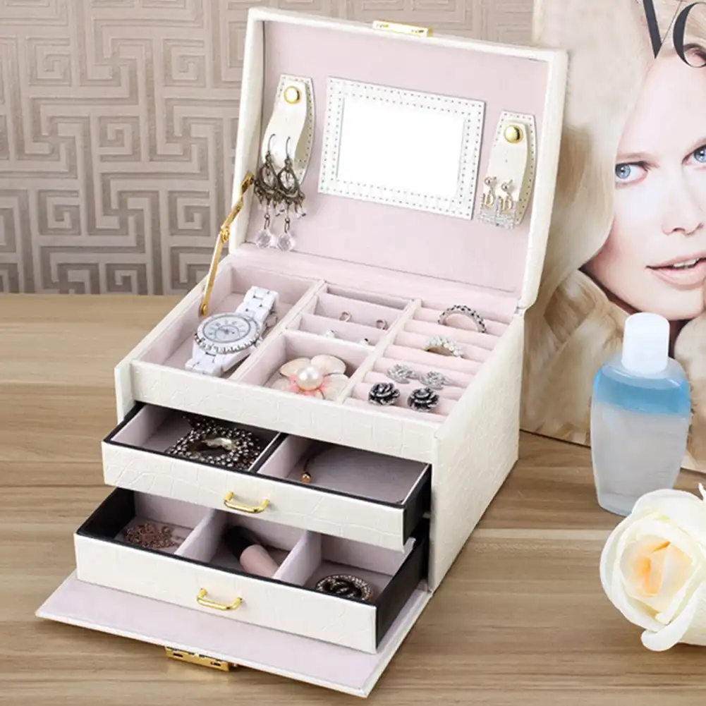3 Layers Faux Leather Storage Drawers For Earrings Necklace