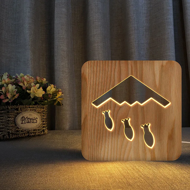 

Fighter Plane Shape Solid Wood Hollow Carved 3D Night Light Bedroom LED Usb Table Lamp for Kids Gift Home Decoration