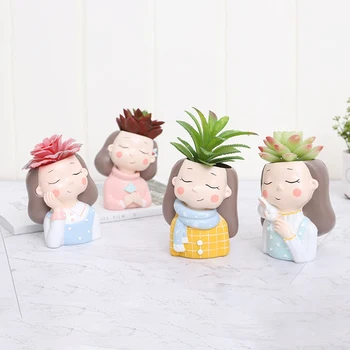 

New Little Warm Girl Planter Set - 4Pcs Resin Succulent Plants Planter Pot Mini Bonsai Cactus Flower Pot Home Decor Rabbit Craft