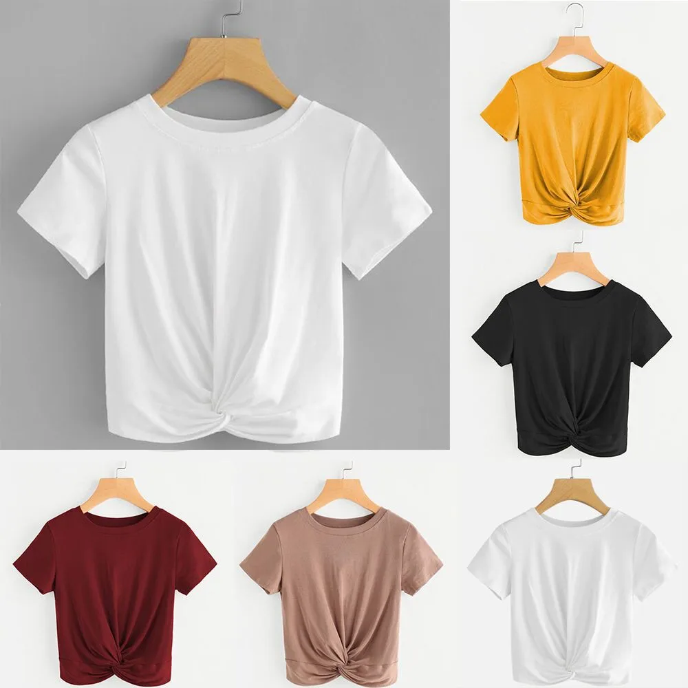 

basic t shirt Women Casual loose Solid O Neck Short Sleeve Twist Front Crop Tee daily school office Tops poleras mujer#sw