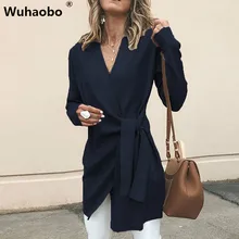 Wuhaobo модные длинные пальто для женщин полушерстяные тонкие сексуальные V образным вырезом пальто Верхняя одежда Зимние теплые кашемировые куртки Chamarras De Mujer