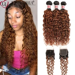 Ombre Brown Water Wave Bundles With Lace Closure T1B/30 Wavy Brazilian Remy Human Hair Bundles With 4x4 Lace Closure Euphoria