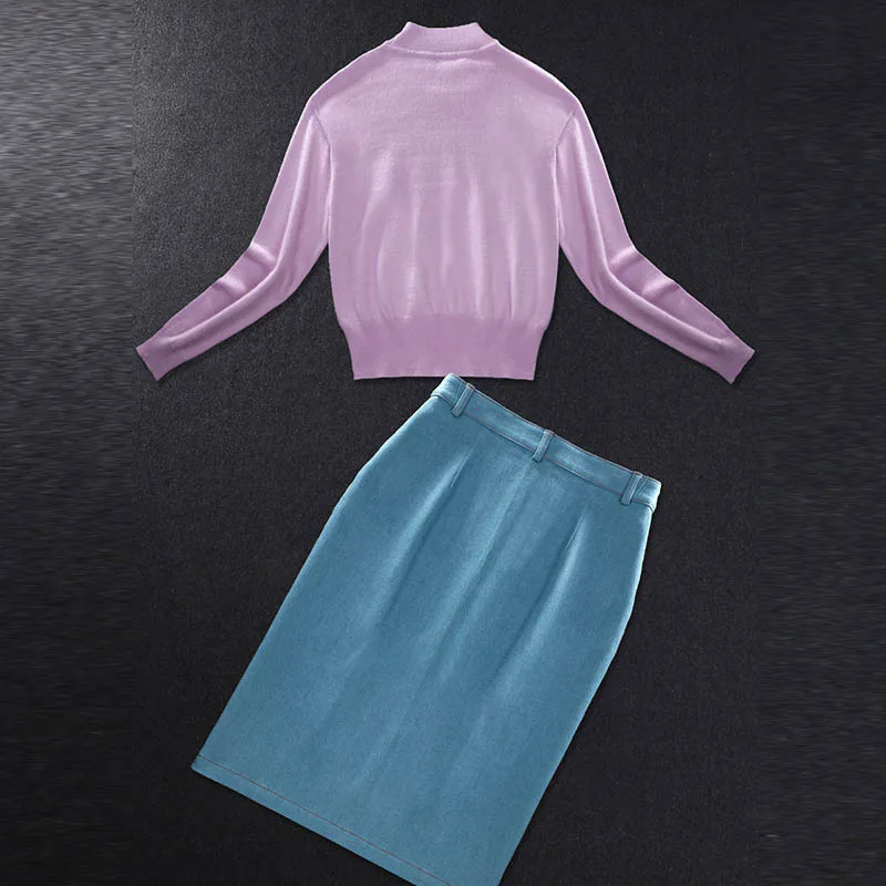 

2020 Spring Womens Suits Star Style Pink Long-Sleeved Sweater Denim Skirt Suits Skirt Female Split Mini Jean Skirt Denim Sets