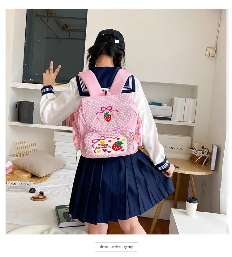 New Japanese Style Cartoon Strawberry Embroidery Schoolbag Student Girls Lolita Lace Backpack