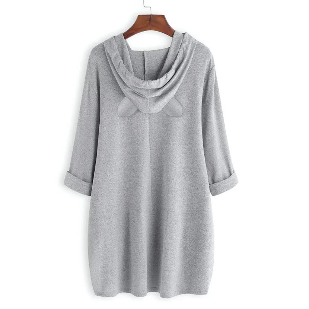 Женские топы и блузки, женские повседневные топы с принтом кошачьих ушек и капюшоном, длинные рукава, с карманами, длинная рубашка размера плюс, 5XL, Blusas Feminina