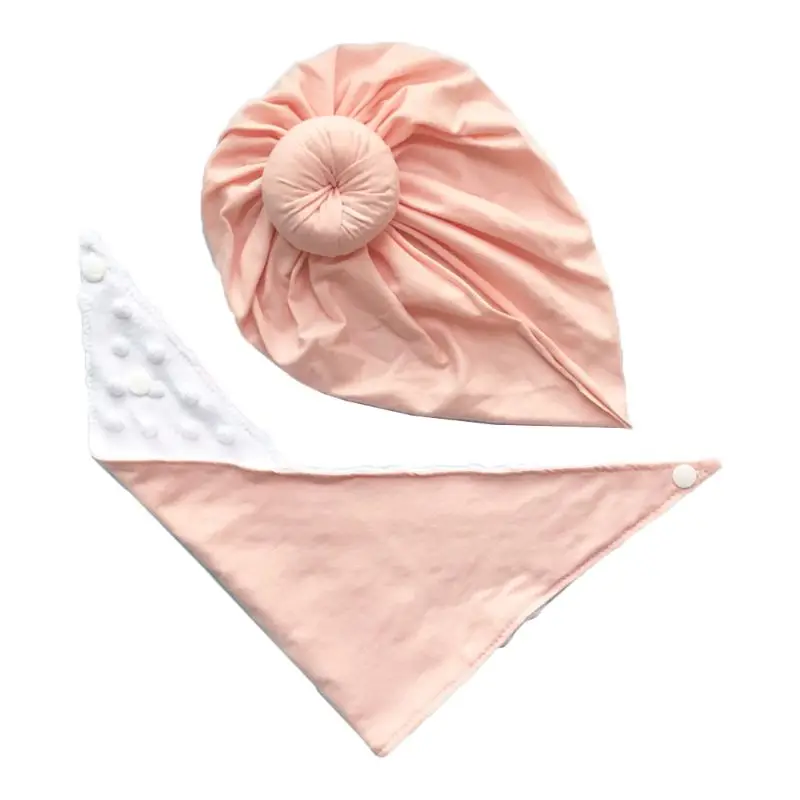 

2Pcs Baby Knot Round Ball Cap+Saliva Towel Set Stretchy Turban Beanie Hat Bib T5EC