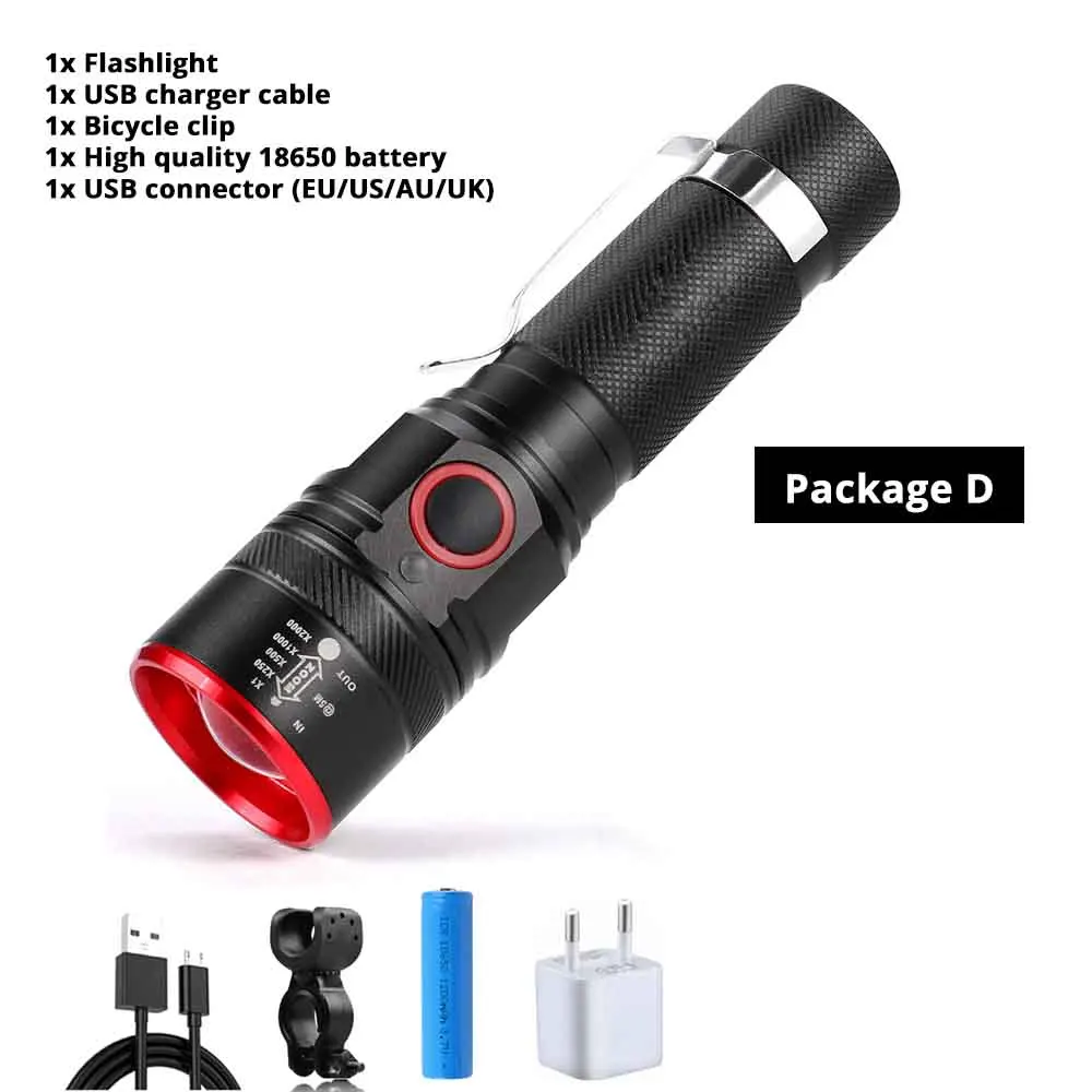 Package D Usb зарядка светодиодный фонарь для велосипеда 3 режима освещения масштабируемый водонепроницаемый портативный фонарь питание от аккумулятора 18650 с Бесплатный usb-кабель - Цвет: Package D
