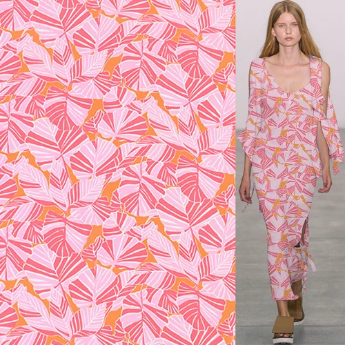 

Pink abstract leaves print pure silk crepe de chine fabric 140cm width,SCDC1060