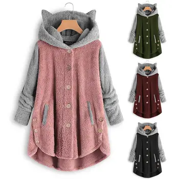 

Women Winter Ears Hood Color Block Side Buttons Irregular Hem Plushy Coat