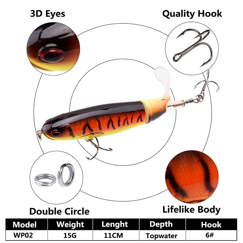 8Pcs Whopper Plopper 11Cm 15G Floating Popper Fishing Lure Artificial Hard Bait Wobbler Rotating Tail Fishing Tackle 3D Eyes