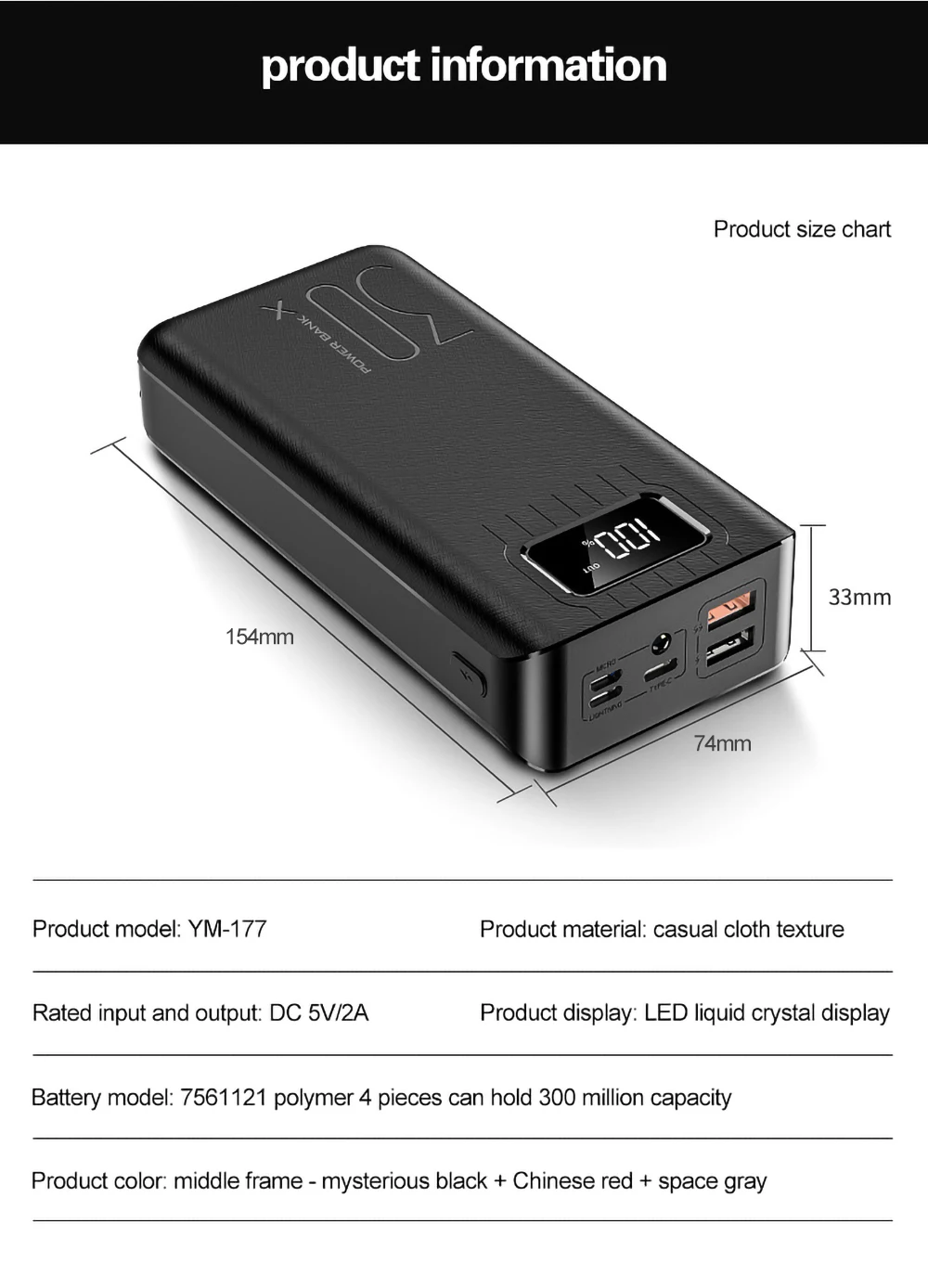 Внешний аккумулятор 30000 мАч TypeC Micro USB QC Быстрая Зарядка светодиодный дисплей