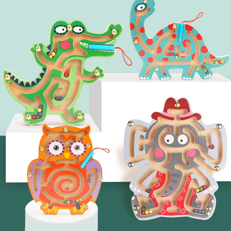 Kid Montessori Early Learning Educational Toys Wooden Magnetic Animal Maze Puzzle Dinosaur Walking Beads Labyrinth Children Toys