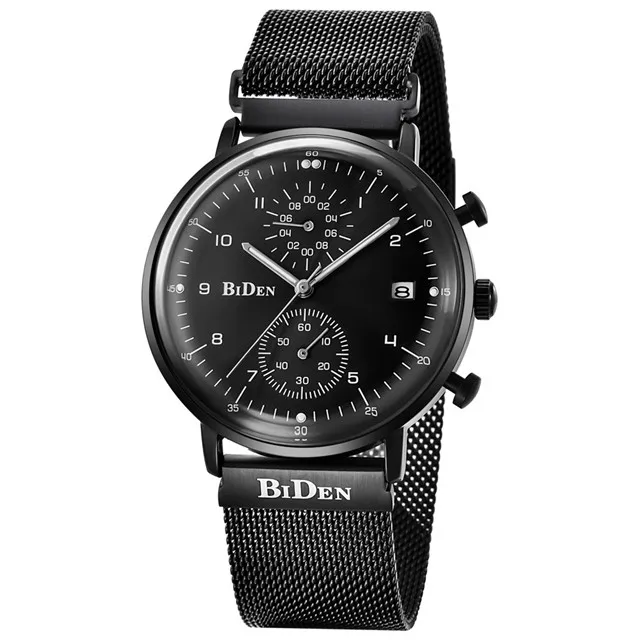 Мужские часы BIDEN relojes mujer кварцевые часы Отображение даты из нержавеющей стали с сетчатым ремешком водонепроницаемые наручные часы с хронографом 0075 - Цвет: BLACK