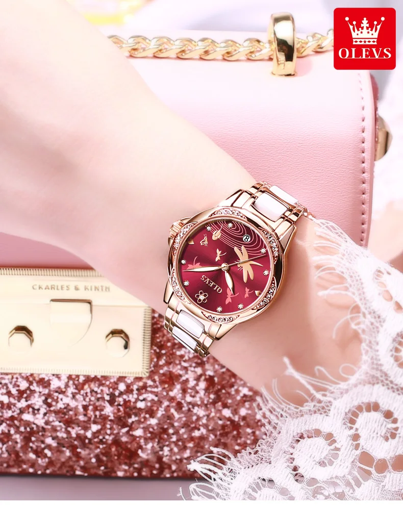 2021 OLEVS Top Brand Ladies Bracelet Watch Ladies Ceramic Strap Rhinestone Mechanical Watch Luxury Fashion Mechanical Watch 6610