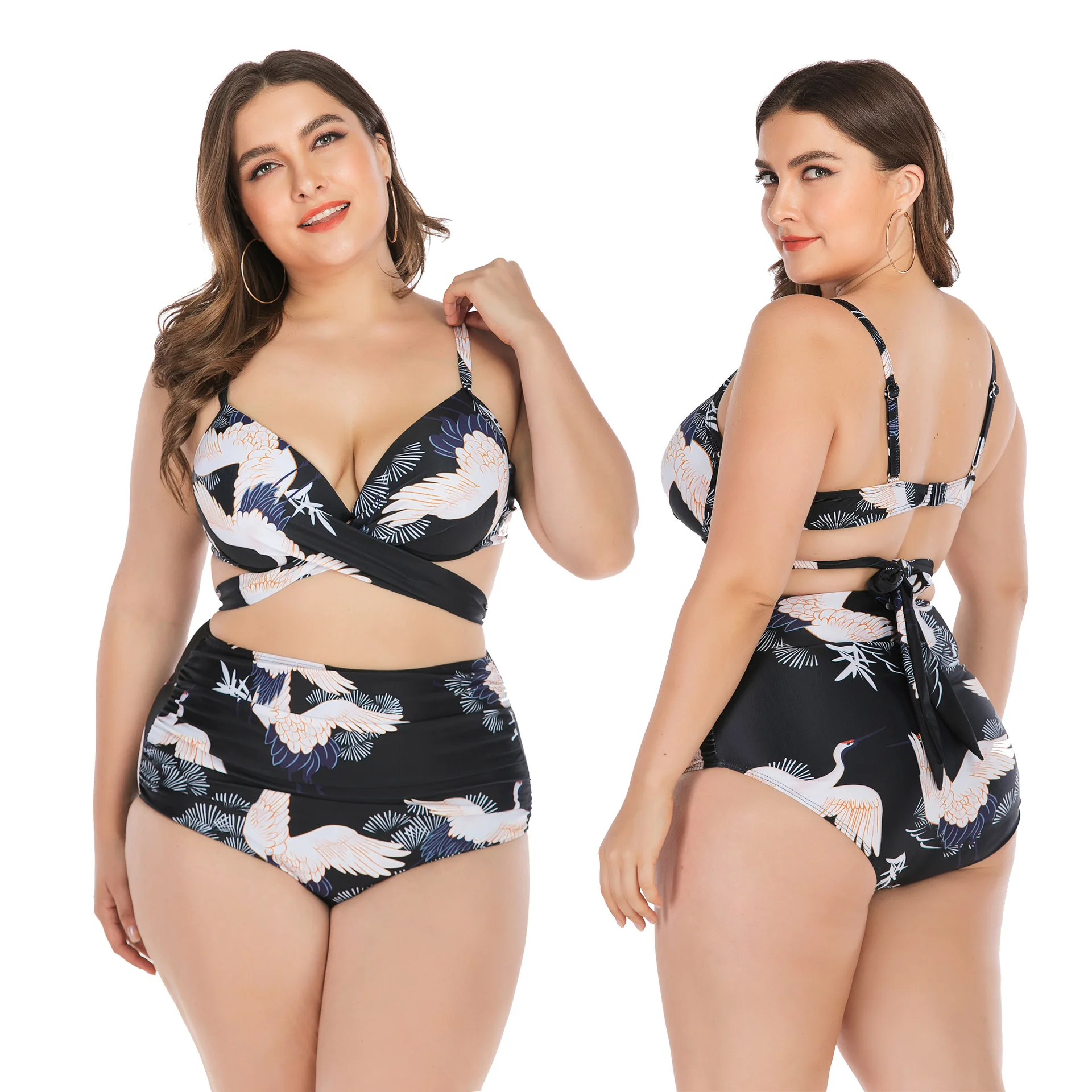 

Foreign Trade Europe And America Large Size Bikini Fat Push up Large Cup WOMEN'S Swimsuit Swimwear Olive Flower 6656