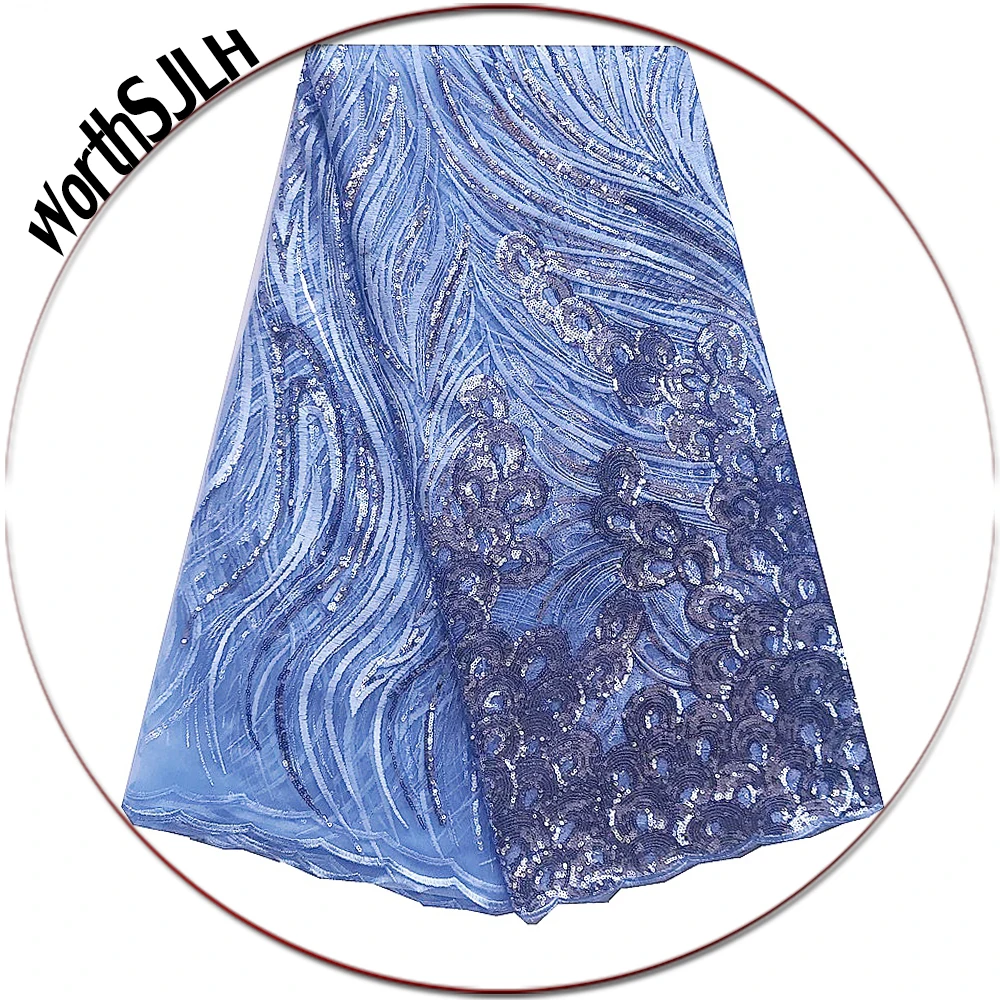 

Swiss Latest African Laces 2019 High Quality Blue Sequence Nigerian Lace Fabrics Gold Mesh Net Nigeria Wedding Lace Fabric