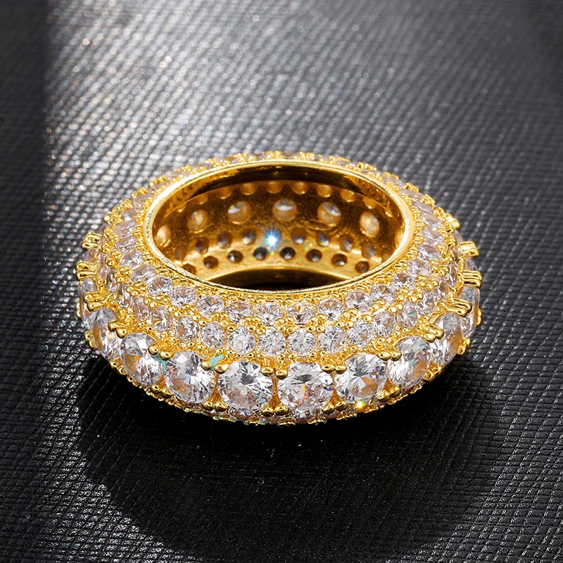 Хип-хоп 5 ряд теннис Iced Out Bling Полный CZ Шарм полые треади медь, кубический цирконий кольцо для мужчин ювелирные изделия золото серебро Размер 8-11