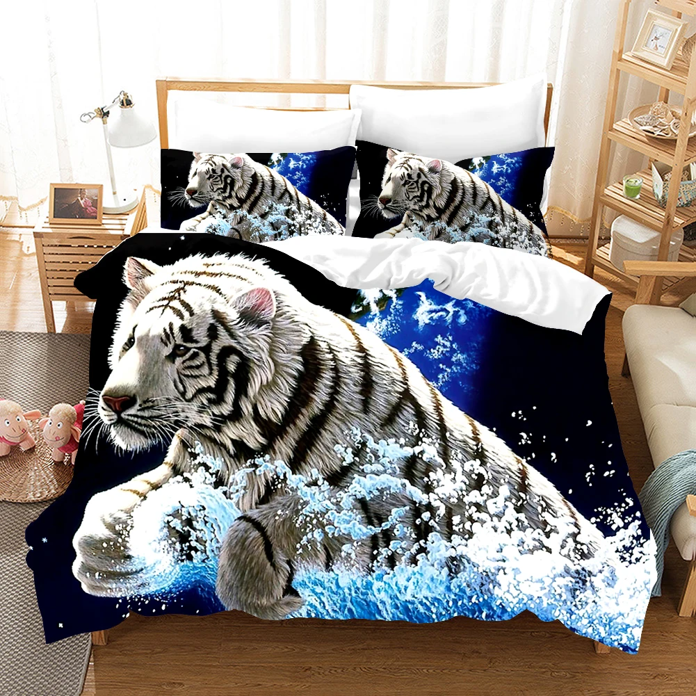 Juego de cama 3d de tigre blanco, ropa de cama Queen, King, decoración