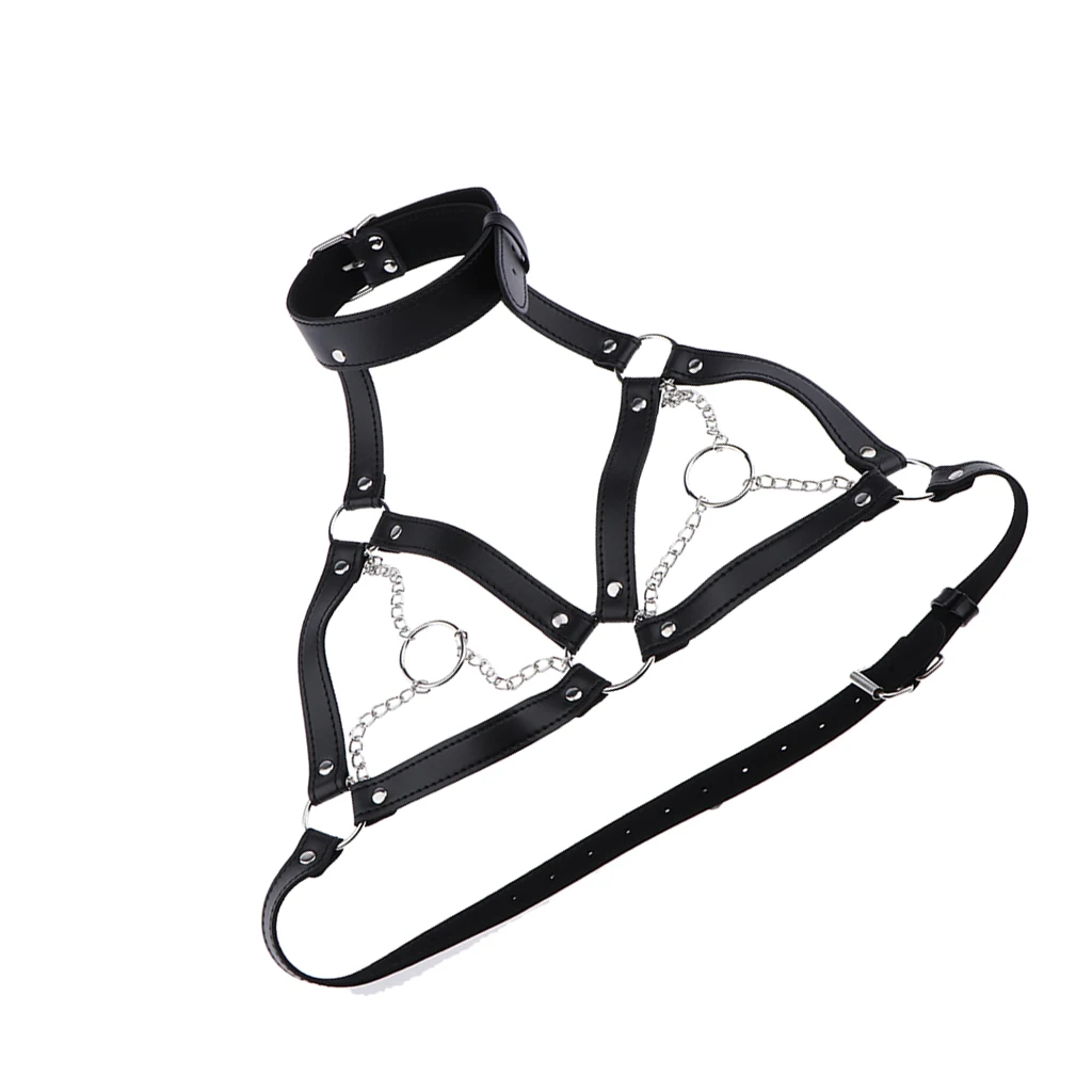 Sexy Black Leather Gothic Cage Bra with Metal Rings and Chain Body Harness Bralette Strap Costume Lingerie for Women