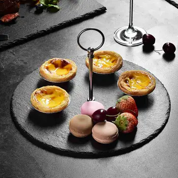 

MALACASA 12" Natural Slate Serving Tray/Platter Round Placemats 30cm Diameter Table Mats Coffee Mats Coasters with Handle