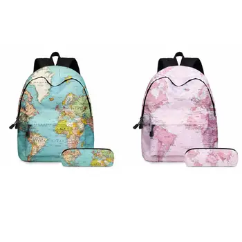 

2pcs World Map Printing Backpack Laptop Daypack Bookbag with Pencil Case Set Backpack