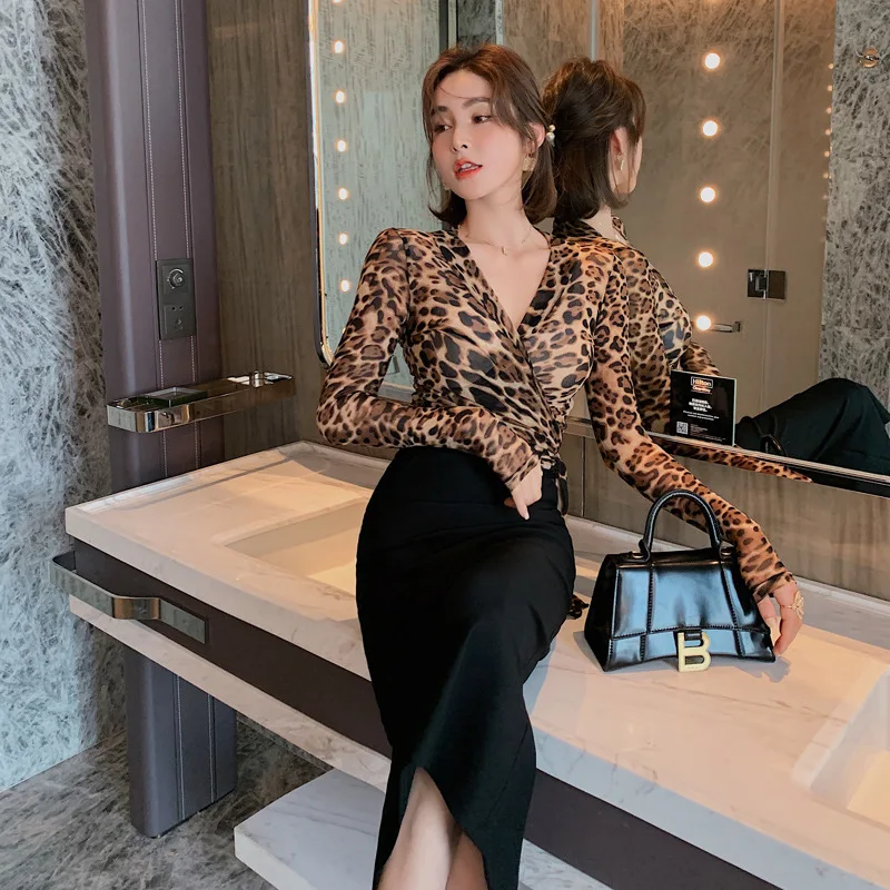 Women Vintage Two Piece Set Long Skirt Print Leopard Mesh Top and Black Wrap Skirt Elegant Festival Matching 2021 Summer Outfits women sexy mesh see through bodysuit 2021 female turtleneck long sleeve one piece body suits stretchy wild basic female y2k tops