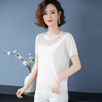 

Women's round neck knitted stitching lace short sleeve knitted T-shirt 2020 red