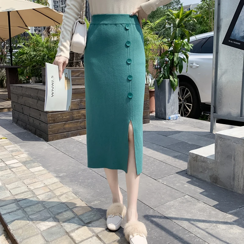 Knitting Cotton Women Korean Skirt Straight Button Knit Women Long Skirt High Waist Winter Skirt
