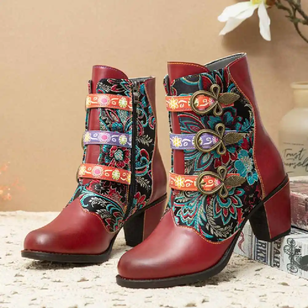 women-retro-floral-leather-warm-chunky-boots