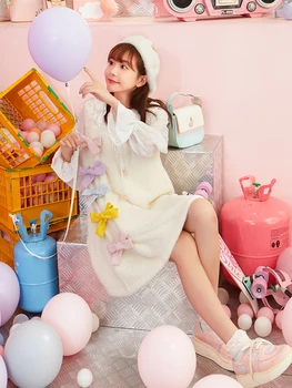 

Princess sweet lolita dress Winter sweet college wind contrast bow tie round neck A-line sleeveless white dress women VC300