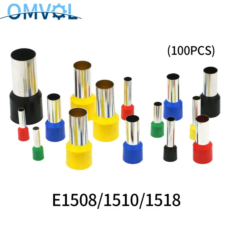 100 шт./лот E1508 E1510 E1518 Изолированные Наконечники Клеммы 1 5 мм2 кабельная проводка