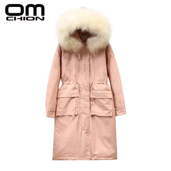 

OMCHION Raccoon Fur Hooded Thicken Winter Jacket Women Down Coat Casual Long Sleeve Lace Up Warm Female Hardy Outwear LMJ137