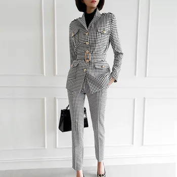 

CBAFU new arrival fashion plaid office lady pants suit OL long sleeve work 2 piece set trousers suit single breasted blazer P502