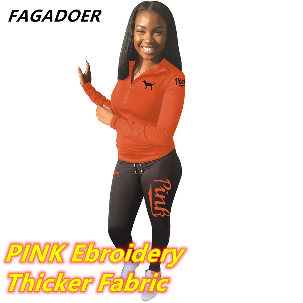 Fagadoer PINK Letter Print Outfits Zip Stand Collar Top + Leggings Pants Casual 2 Piece Set Women Tracksuits Sport Sweat Suits plus size suit sets Suits & Blazers