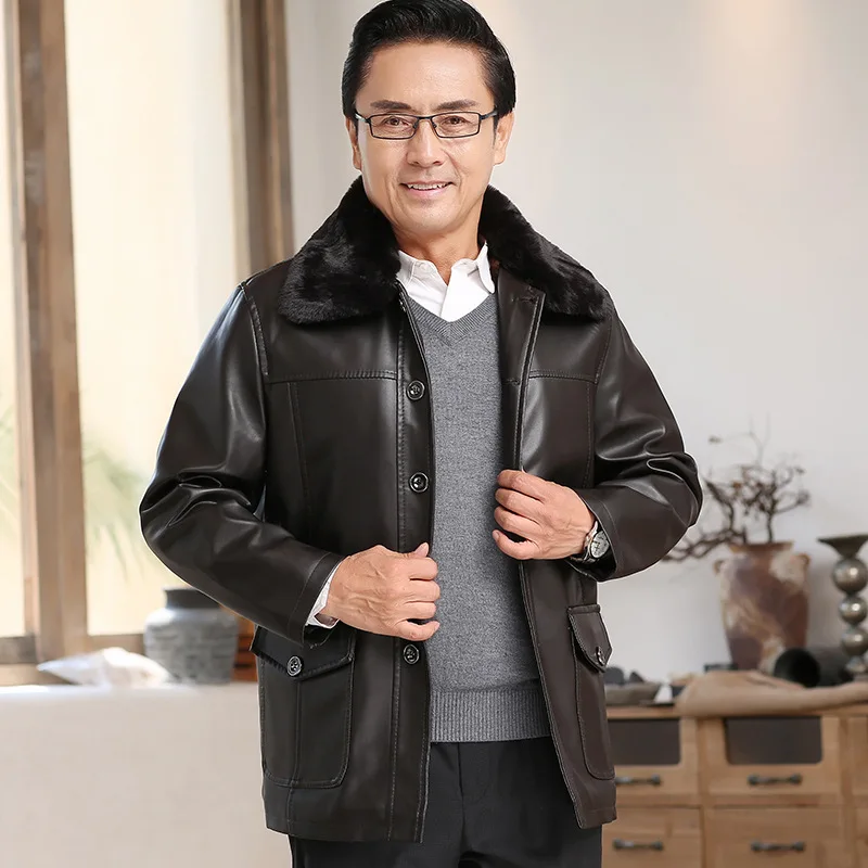 

New Style Leather Coat Men Fur Coat Dad Middle-aged Thick Slim Fit Fold-down Collar Winter plus Velvet Men's
