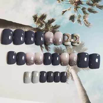 

24pcs False Nails Fashion Full Cover Short Size Fingernails Nail Tips with Glue for Women Girls Nail Art Supplies Blue
