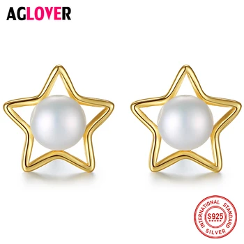 

AGLOVER High Quality 925 Silver Earring Gilt Earrings Natural Freshwater Pearl Pentagon Earring Pearl Jewelry Women Female Gift
