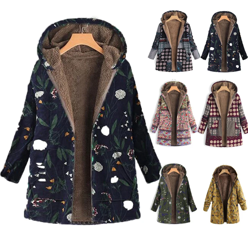 

Women Print Winter Coat Casual PlusSize Fluffy Fleece Cozy Women Coat Warm Long Sleeve Zipper Hooded Female Coat Outwear