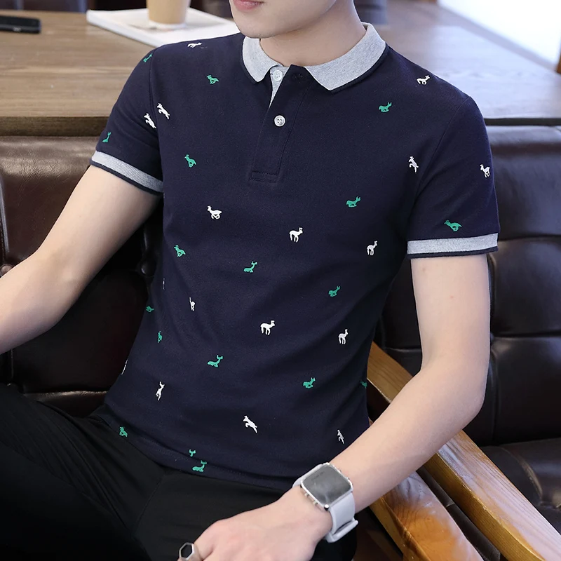 dark blue POLO MEN Новая брендовая Высококачественная Мужская рубашка поло из хлопка с модным принтом олененка, Летние повседневные рубашки с коротким рукавом и воротником в стиле пэчворк LG1186 - Цвет: dark blue POLO MEN