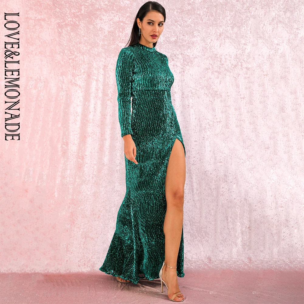 

LOVE&LEMONADE Sexy Green Stand Collar Split Elastic Sequin Bodycon Party Maxi Dress LM81320-1