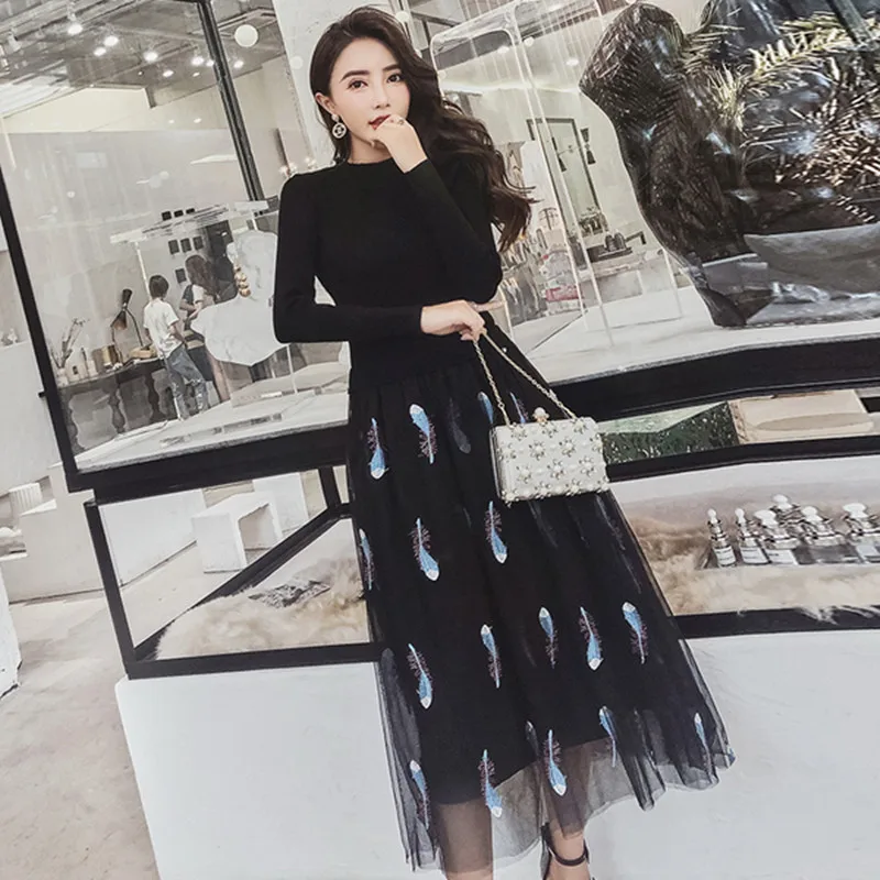 

Temperament Ladies Mesh Stitching Sweater Dress Feather pattern Embroidery Fake two-piece Long Knitted Pullover Dress Big Swing