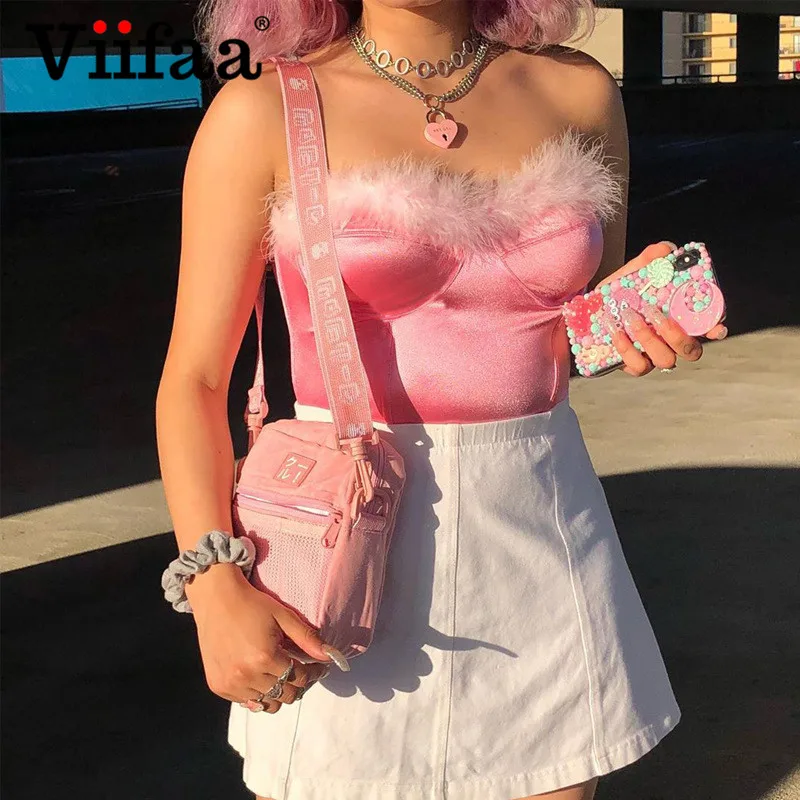 Viifaa, розовый искусственный мех, летняя уличная одежда, атласный укороченный топ, женская одежда, тонкий топ с открытыми плечами, сексуальные праздничные вечерние топы