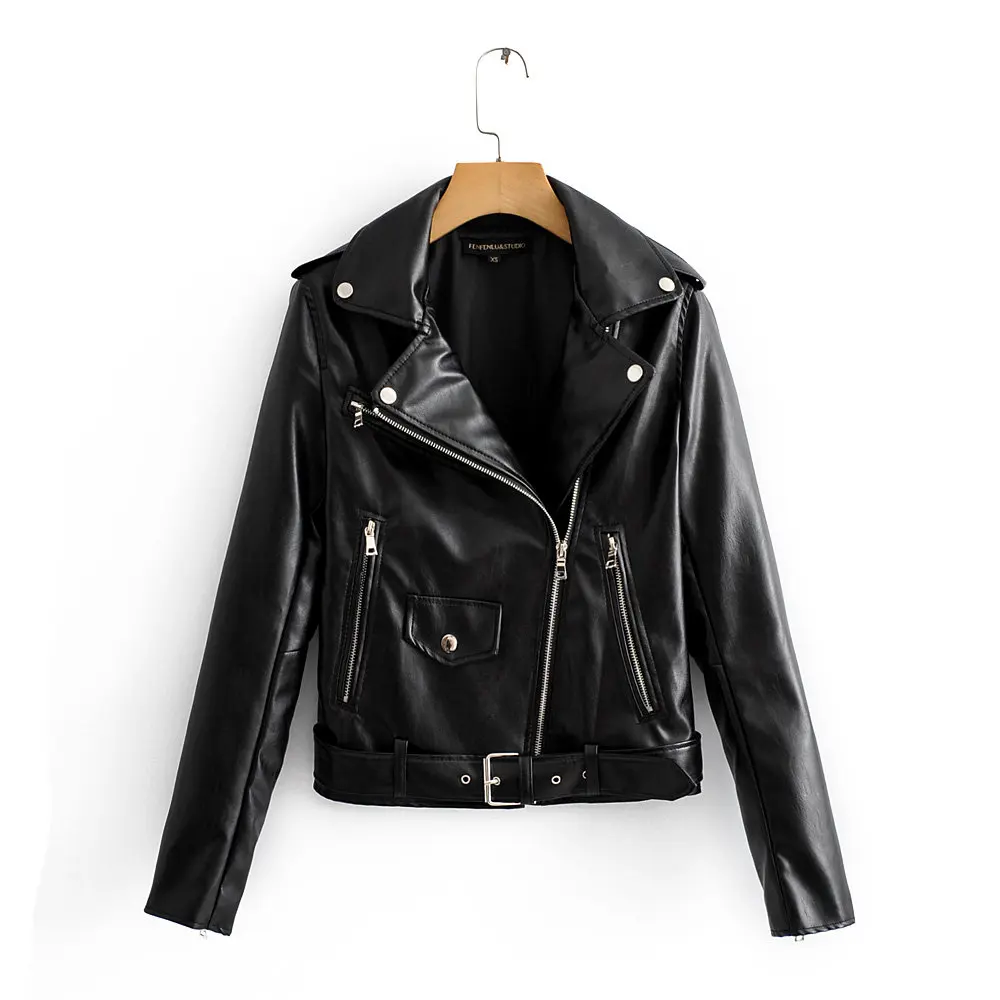 Куртка из искусственной кожи на молнии с принтом «Спринт», Женская мотоциклетная куртка в стиле панк, уличная Черная байкерская куртка из искусственной кожи, зимняя женская кожаная куртка - Цвет: Черный